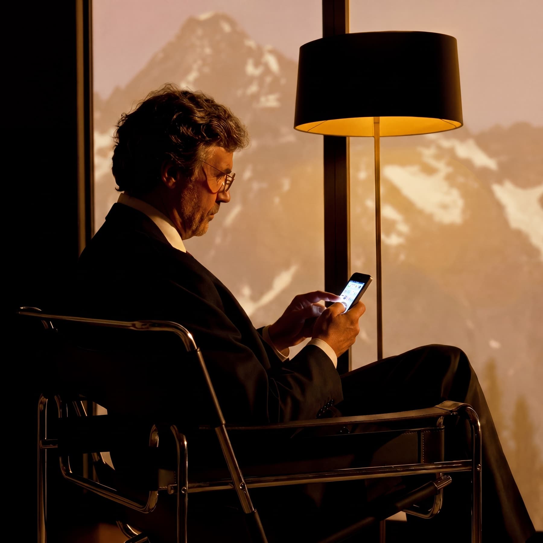 Founder using a phone in a premium business setting